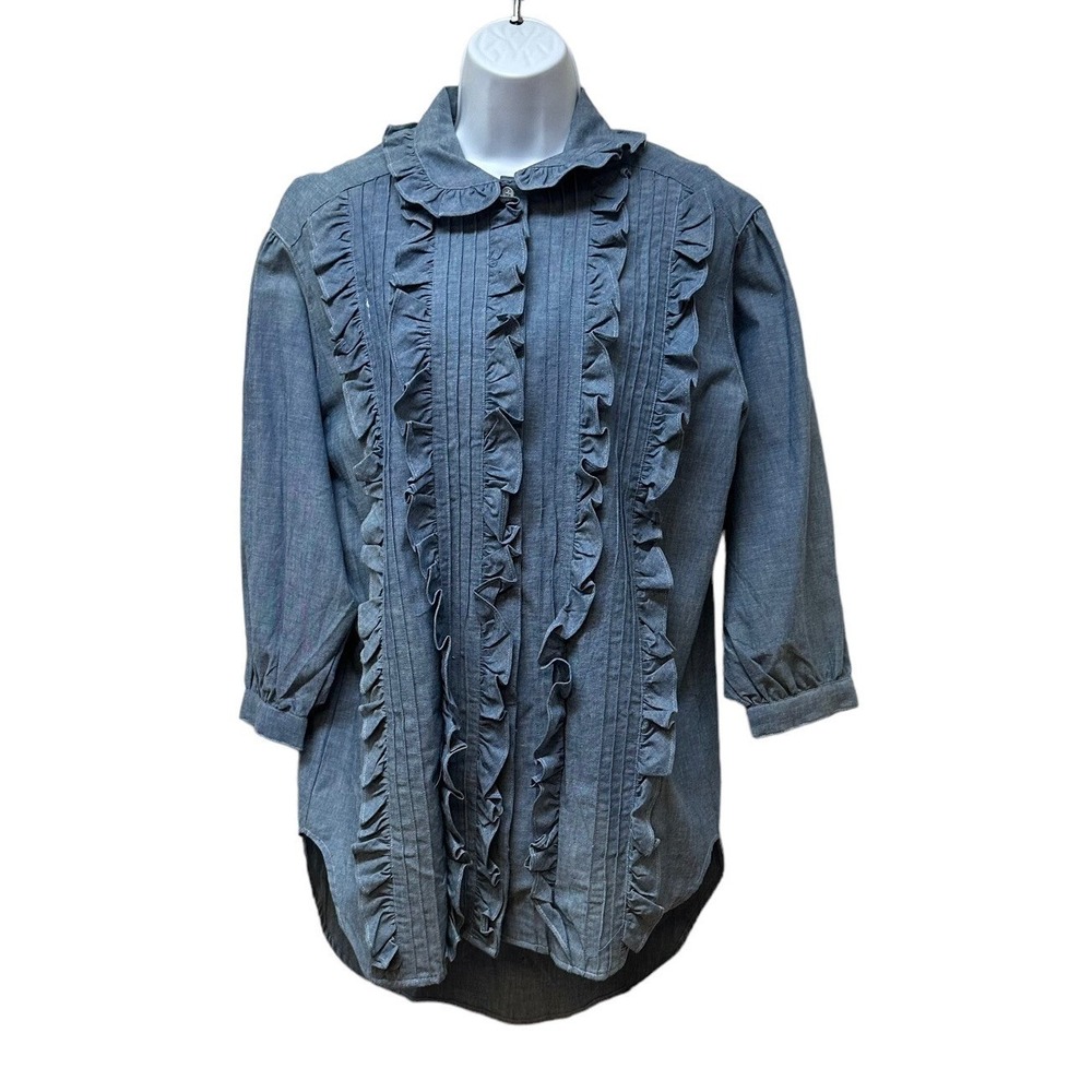 Vtg 80's Cotton Denim Chambray Ruffle Cottagecore Prairie Blouse Tunic S NEW